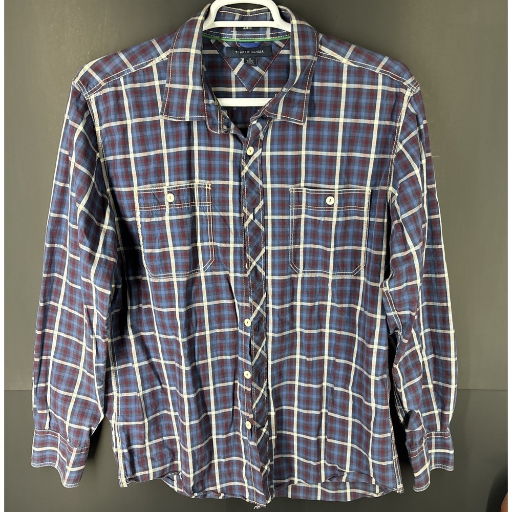 Tommy Hilfiger Men's Size XLarge Blue Plaid Shirt Trim Fit Long Sleeve Button Up